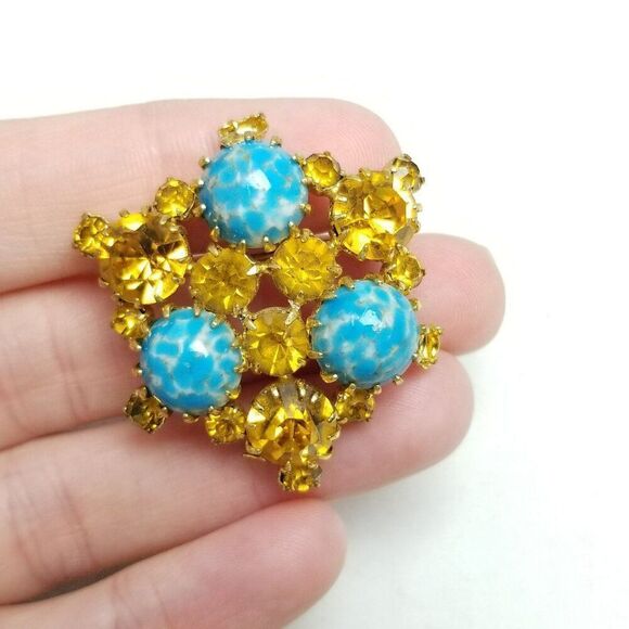 Vintage Blue and Yellow / Orange Rhinestone Cluster Brooch, Prong Set, Estate - Picture 2 of 6